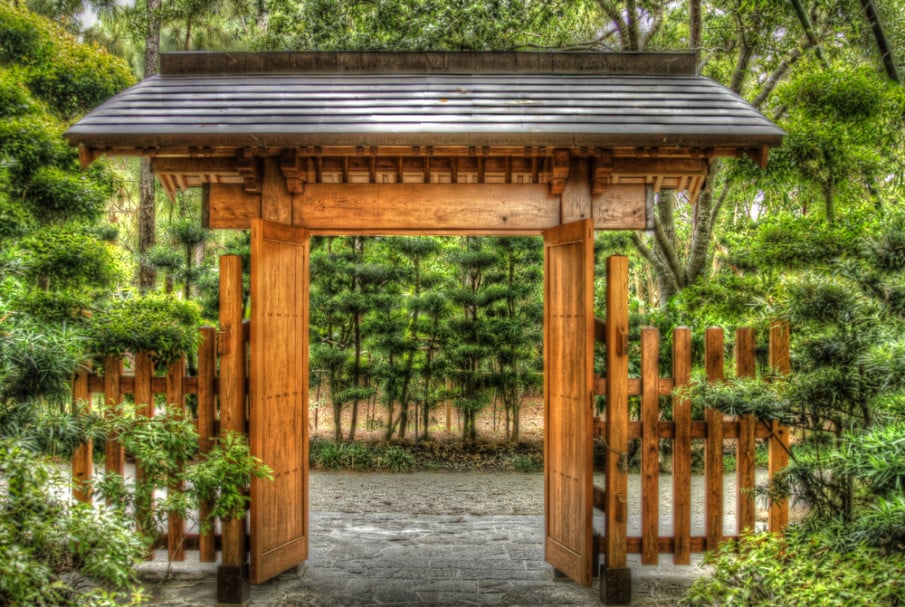 Cedar wood arbor with gate and pergola roof